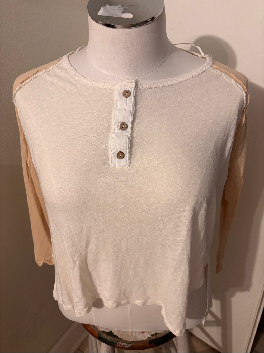 FREE PEOPLE Lightweight Button Henley Top in Cream with Tan Sleeves
